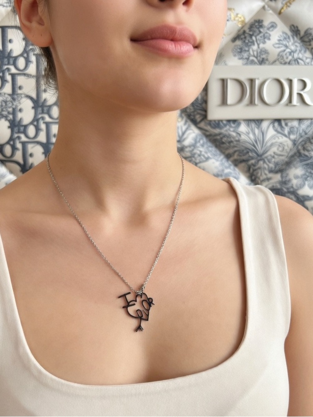Dior Silver Heart “I LOVE DIOR” Pendant Necklace - Silver Tone